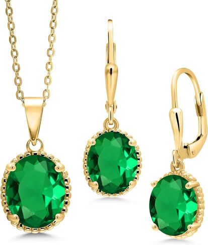 Gem Stone King 18K Yellow Gold Plated Silver Pendant and Earrings Jewelry Set Green Simulated Emerald | 6.63 Cttw | Oval 11X9MM and 9X7MM | With 18 Inch Chain in Saudi Arabia