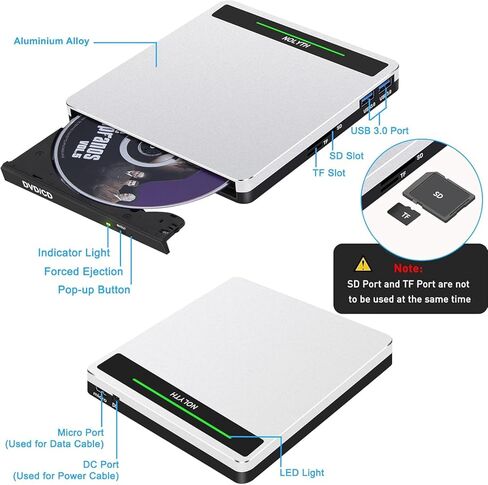 نوليث محرك اقراص سي دي في دي خارجي USB 3.0 نوع سي دي / دي في دي مع منفذ SD/TF/USB، مشغل دي في دي رفيع للاب توب وماك بوك وماك بوك وابل in Saudi Arabia