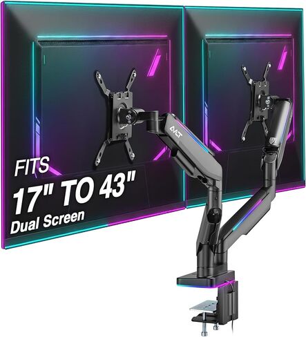 AVLT RGB Lights Dual 17 "-43" حامل ذراع شاشة الألعاب، يناسب شاشتين مسطحتين/منحنيتين/فائقتين يصل وزنهما إلى 44 رطلاً (20 كجم)، حامل قابل للتعديل بإمالة الارتفاع - أسود in Kuwait