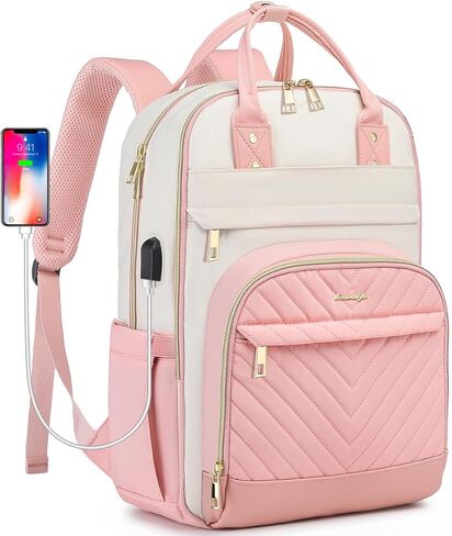 Laptop Backpack Women Work Bags - 15.6 inch Travel Backpack with USB Charger College Bookbag Waterproof Business Computer Backpack Anti-theft Casual Work Backpacks for Women Nurse Teacher Beige-Pink in Saudi Arabia