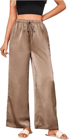 Floerns Women's Satin Straight Leg Pants Elastic Waist Loungewear Party Trousers in Saudi Arabia