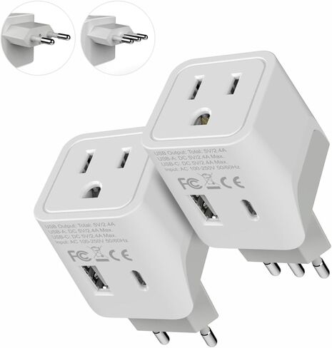 Ceptics Italy, Europe Travel Adapter Plug Set - 2 Pack - with 2 USB + USA Socket Input - Type L and Type C - Ultra Compact - Safe Grounded Perfect for Cell Phones, Laptops, Camera Chargers in Kuwait
