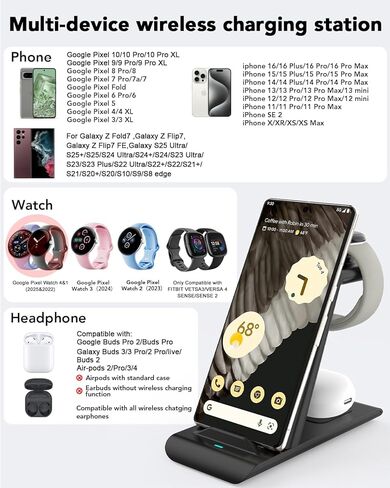 شاحن لاسلكي 3 في 1 مطور لساعة Google Pixel 2، وGoogle Pixel 8 Pro/8/7 Pro/7/7A/6/6 Pro، وPixel Buds Pro، ومحطة شحن لاسلكية لأجهزة متعددة iPhone/Airpods (ليس لـ Pixel Watch 1) ) in Kuwait