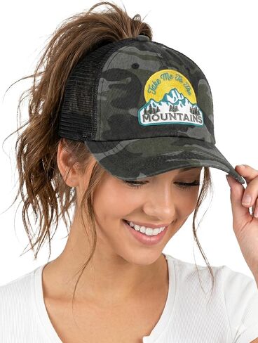 Funky Junque Criss Cross Saying Ponytail Hat Womens Baseball Cap Distressed Embroidered Patch Messy Bun Trucker Ponycap in Saudi Arabia