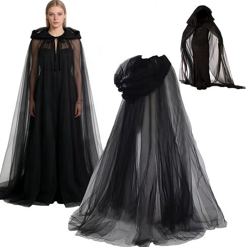 Halloween Medieval Hooded Cloak 3-Layer Chiffon Gothic Witch Cape for Adults and Teens, Unisex Cosplay Costume in Saudi Arabia