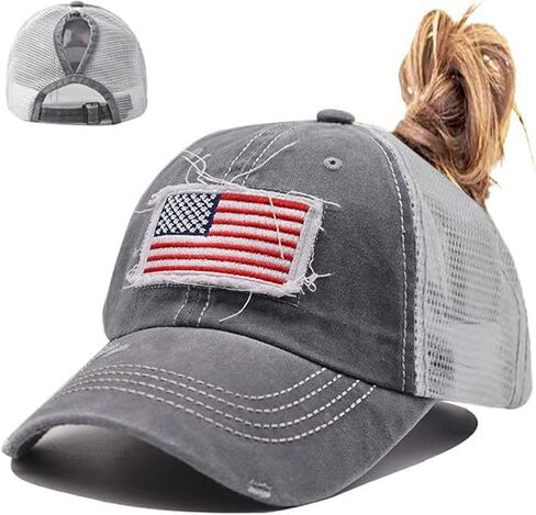 MANMESH HATT Women American Flag Ponytail Hat, Embroidery Adjustable Washed Distressed Messy Bun Baseball Cap … in Kuwait