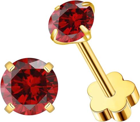 Flower Screw Back Birthstone Stud Earrings for Women Girls, 3mm G23 Tiny CZ Flat Back Stud Earrings, Screw Back Helix Earrings (Gold, 1.Jan-Garnet) in Saudi Arabia
