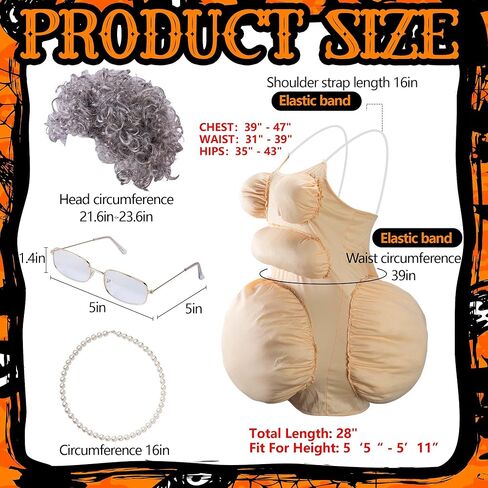 4 Pcs Halloween Fat Old Lady Costume, Fake Belly and Chest Fat Suit Includes Granny Wig Cap Glasses Pearl Necklace for Halloween Christmas Funny Cosplay Dress Up Party Stage Performance in Saudi Arabia