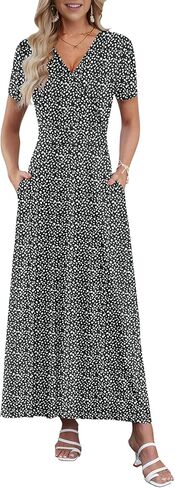 AUSELILY Women's Summer Maxi Dress Short Sleeve Floral Print Bohemian V Neck with Pockets in Kuwait