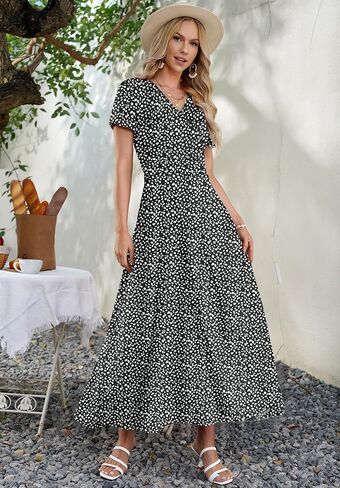 AUSELILY Women's Summer Maxi Dress Short Sleeve Floral Print Bohemian V Neck with Pockets in Kuwait