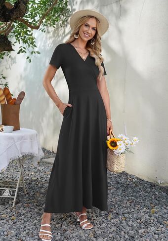 AUSELILY Women's Summer Maxi Dress Short Sleeve Floral Print Bohemian V Neck with Pockets in Kuwait