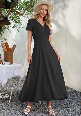 AUSELILY Women's Summer Maxi Dress Short Sleeve Floral Print Bohemian V Neck with Pockets in Kuwait