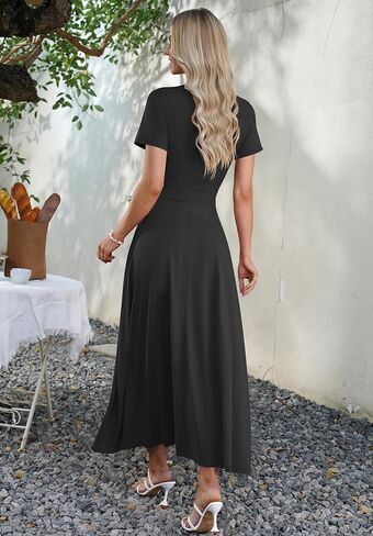 AUSELILY Women's Summer Maxi Dress Short Sleeve Floral Print Bohemian V Neck with Pockets in Kuwait