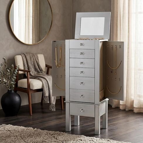 Hives and Honey Hannah Jewelry Armoire - Modern Silver Storage Organizer with Divided Drawers and Necklace Hooks - French-Inspired Design with Jewel-Like Pulls - Anti-Tarnish Felt Lining in Saudi Arabia