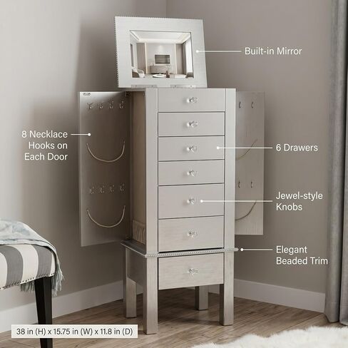 Hives and Honey Hannah Jewelry Armoire - Modern Silver Storage Organizer with Divided Drawers and Necklace Hooks - French-Inspired Design with Jewel-Like Pulls - Anti-Tarnish Felt Lining in Saudi Arabia