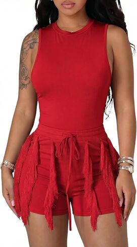 Two Piece Outfits for Women Casual Solid Sleeveless One Piece Tank Tops Fringe Pants Drawstring Shorts Jumpsuits in Kuwait