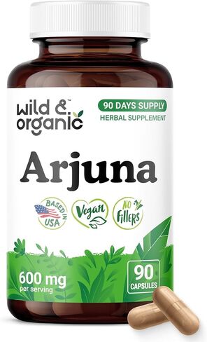 Wild & Organic Arjuna Capsules - Overall Support - Arjuna Bark Powder Supplement - 90 Herbal Capsules - 90 Days of Supply - Terminalia Bark & Leaf Extract - Vegan, No Fillers, Non-GMO in Saudi Arabia