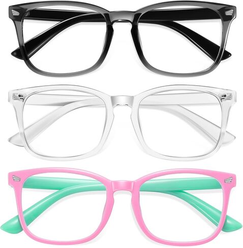 Okany Blue Light Glasses for Kids 3 Pack Blue Light Glocking Glockes for Girls Boys Computer Gaming Screen Glasses ، Anti Glare Eyepherain Teen Glasses Age 3-10 (Gray Black+شفاف+ليوبارد) in Kuwait