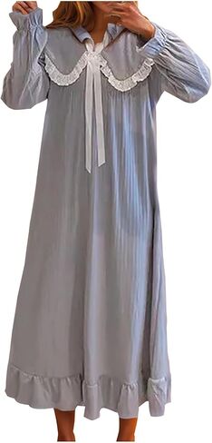 Women's Nightgowns Lace Trim Shawl Collar Nightgown Long Flare Sleeve Sleep Dress Ruffle Hem Loungewear in Saudi Arabia