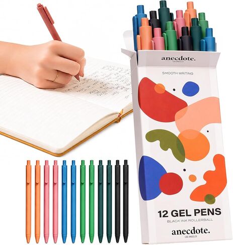 ANECDOTE. Gel Pens, Black Ink Gel Pens (12 pack), Retractable Pen Set, Cute Pens, Fine Point Gel Pens (0.5mm), Smooth Writing Pens with a Chic & Fun Design, Pens for Journaling, Made (Set of 12) in Saudi Arabia