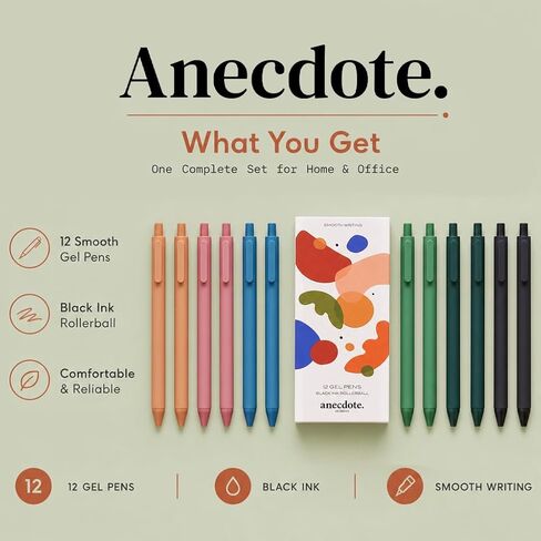 ANECDOTE. Gel Pens, Black Ink Gel Pens (12 pack), Retractable Pen Set, Cute Pens, Fine Point Gel Pens (0.5mm), Smooth Writing Pens with a Chic & Fun Design, Pens for Journaling, Made (Set of 12) in Saudi Arabia
