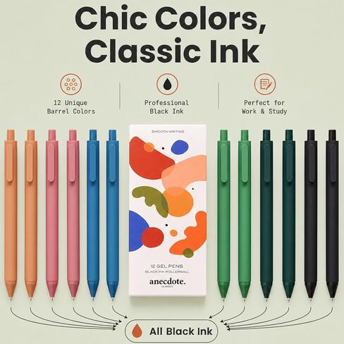 ANECDOTE. Gel Pens, Black Ink Gel Pens (12 pack), Retractable Pen Set, Cute Pens, Fine Point Gel Pens (0.5mm), Smooth Writing Pens with a Chic & Fun Design, Pens for Journaling, Made (Set of 12) in Saudi Arabia