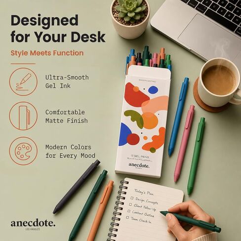 ANECDOTE. Gel Pens, Black Ink Gel Pens (12 pack), Retractable Pen Set, Cute Pens, Fine Point Gel Pens (0.5mm), Smooth Writing Pens with a Chic & Fun Design, Pens for Journaling, Made (Set of 12) in Saudi Arabia