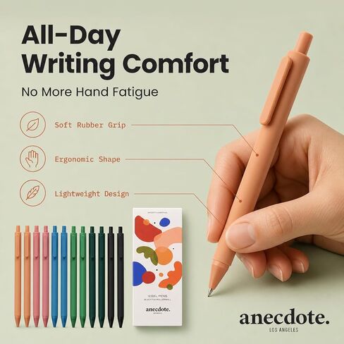 ANECDOTE. Gel Pens, Black Ink Gel Pens (12 pack), Retractable Pen Set, Cute Pens, Fine Point Gel Pens (0.5mm), Smooth Writing Pens with a Chic & Fun Design, Pens for Journaling, Made (Set of 12) in Saudi Arabia