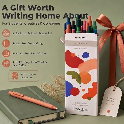 ANECDOTE. Gel Pens, Black Ink Gel Pens (12 pack), Retractable Pen Set, Cute Pens, Fine Point Gel Pens (0.5mm), Smooth Writing Pens with a Chic & Fun Design, Pens for Journaling, Made (Set of 12) in Saudi Arabia