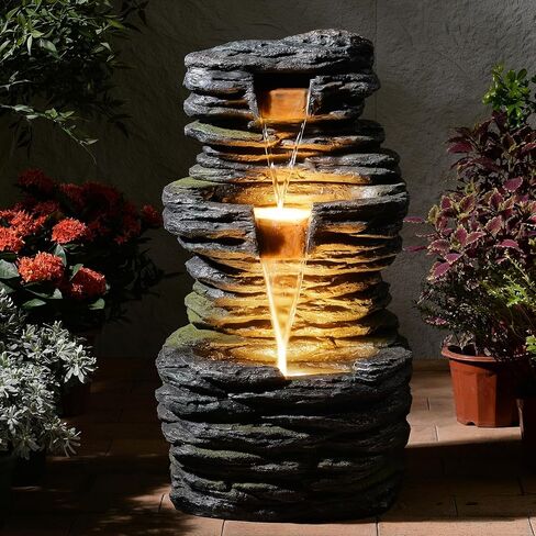 28.8" Tall Rock Water Fountain Outdoor Garden, 3-Tiers Cascading Rock Natural Waterfall Fountains with LED Lights, Indoor Resin Water Feature Fountain for Patio, Garden and Backyard, Deck, Porch, Home in Saudi Arabia