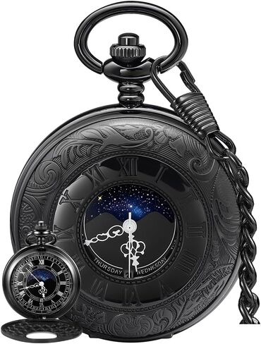 Vintage Pocket Watch with Roman Numberals Scale Moon Phase Calendar Quartz Pocket Watches with Chain Best Gift in Saudi Arabia