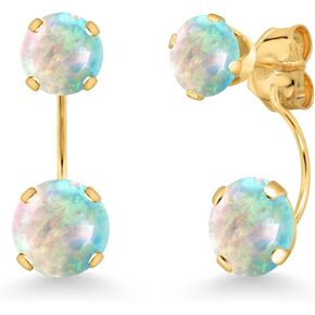 Gem Stone King 14K Yellow Gold White Opal Dual Drop 2 Stone Round Earrings for Women (3.00 Cttw, Gemstone Birthstone, Round 6MM and 5MM) in Saudi Arabia