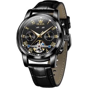 OLEVS Mechanical Dress Mens Watches Square Brown Leather Strap Moon Phase Skeleton Tourbillion Day Date Waterproof Luminous Men's Wrist Watches in Kuwait