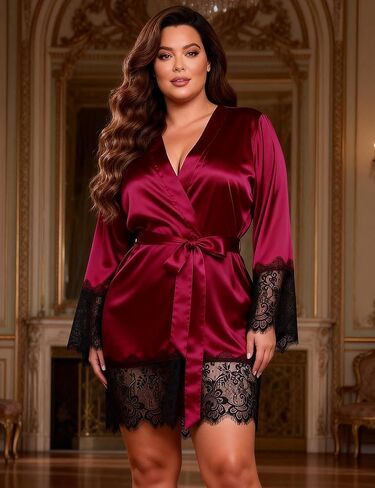 بالإضافة إلى حجم رداء Kimono للنساء الملابس الداخلية الحرير المريحة مجموعة Sxey Lace Trim Babydoll Sleep With With Belt and Thong in Saudi Arabia