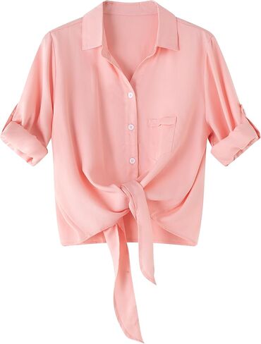 Dauocie Women's Tie Top Tops Casual 3/4 Roll Up Sleeve Button Up Button مع جيب in Kuwait