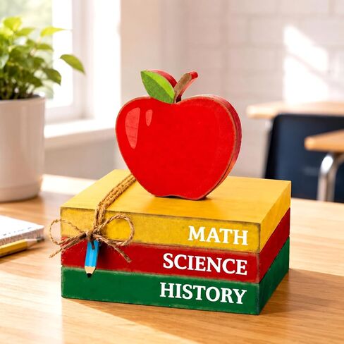 Yousoontic 4 Pcs Back to School Decorations Wooden Apple Tiered Tray Decor Decorative Mini Book Stack with Pencil Ornament Rustic Farmhouse First Day of School Decor for Shelf Classroom Students Decor in Saudi Arabia