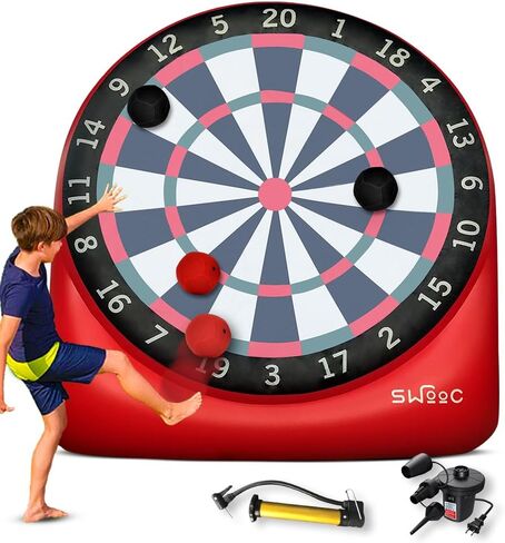 ألعاب SWOOC - سهام ركلة عملاقة (يزيد طولها عن 6 أقدام) مع أكثر من 15 لعبة متضمنة - لوح رمي السهام العملاق القابل للنفخ في الهواء الطلق مع كرات كرة قدم ومضخة هواء وبطاقة تسجيل - لعبة سهام قدم ضخمة مع هدف كبير (أحمر) in Saudi Arabia