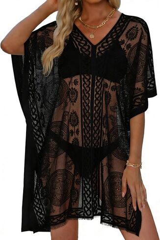 Womens Lace Bathing Suit Cover Up V Neck Beach Coverup Summer Swim Coverups Loose Bikini Beach Dress in Saudi Arabia