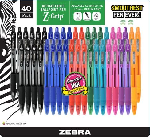 Zebra Pen Z-grip Colored Pens Ballpoint - Retractable Pens - Medium Point - 1.0mm - Assorted Fashion Colored Ballpoint Pens - Bulk Pack of 40 Pieces in Saudi Arabia
