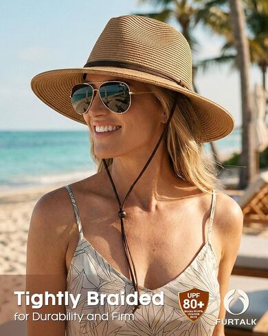 FURTALK Womens Sun Hat Summer Straw Beach Hats UPF 80+ Wide Brim Panama Fedora Hats with Wind Lanyard in Saudi Arabia