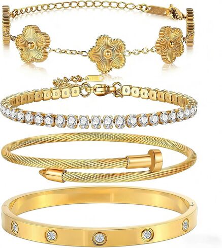 18K Gold Plated Stackable Floral Clover Bracelets for Women- Stainless Steel Nail Love Bangle Set, Non-Tarnish Trendy Jewelry Gift for Valentine's Day, Mother's Day, Women's Day in Saudi Arabia