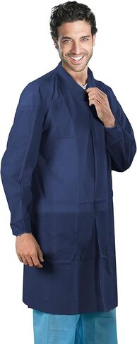 AMZ Dark Blue Disposable Lab Coats for Adults, Large. 10 Pack Disposable Coats Medical. 35 GSM PP Painting Lab Coat Disposable. Medical PPE Knee Length Lab Coat No Pocket, Elastic Wrist, Loop Fastener in Saudi Arabia