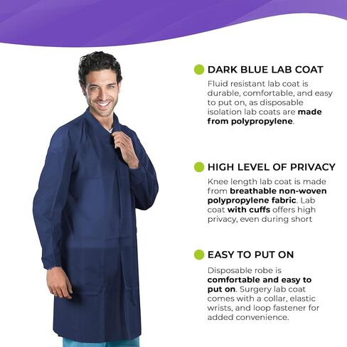 AMZ Dark Blue Disposable Lab Coats for Adults, Large. 10 Pack Disposable Coats Medical. 35 GSM PP Painting Lab Coat Disposable. Medical PPE Knee Length Lab Coat No Pocket, Elastic Wrist, Loop Fastener in Saudi Arabia