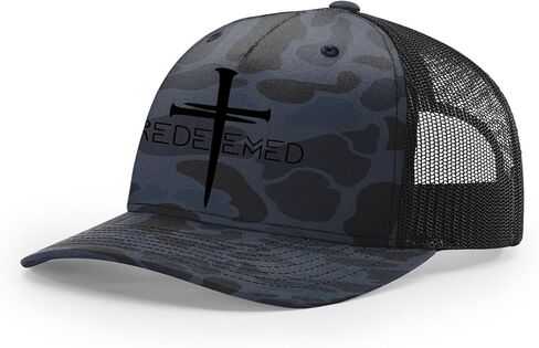 Christian Redeemed Cross Nails Mens Embroidered Mesh Back Trucker Hat in Saudi Arabia