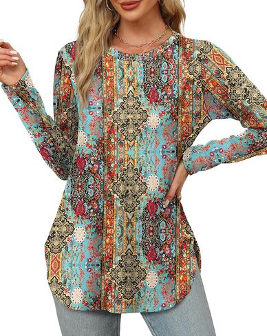 OFEEFAN قمصان الأكمام الطويلة للنساء Crewneck الأساسيات الفضفاضة تونك تونك قمم الزهور الشاطئ العطلات 2025 in Saudi Arabia
