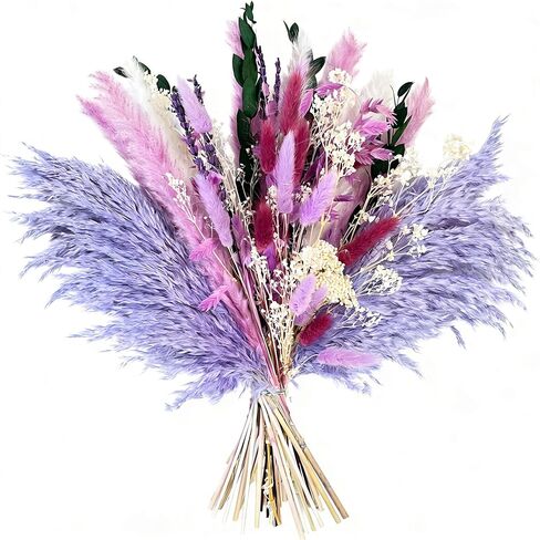 Natural Dried Flower Bouquet - 17" Boho Style Mixed Pampas Grass Ideal for Home Decor, Wedding Decor, Bridal Bouquets, Floral Arrangement, Event Centerpieces, Office Decorations (Purple) in Saudi Arabia