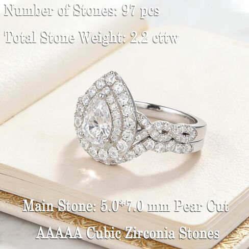 Newshe خواتم الزفاف للنساء مجموعة خاتم الخطوبة 925 الفضة الاسترليني 1.3ct الكمثرى الأبيض تشيكوسلوفاكيا حجم 5-10 in Saudi Arabia