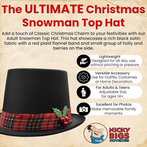 Snowman Top Hat with Plaid Band Holly and Berries - Christmas Ugly Sweater Party Hats - Caroler Costume Top Hat - Tree Topper, Multi, One Size in Saudi Arabia
