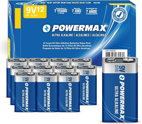 Powermax 12-Count 9V Batteries, Ultra Long Lasting Alkaline Battery for Home and Office, 7-Year Shelf Life, Reclosable Packaging in Kuwait