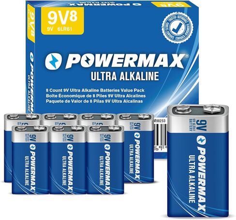 Powermax 8-Count 9V Batteries, Ultra Long Lasting Alkaline Battery for Home and Office, 7-Year Shelf Life, Reclosable Packaging in Kuwait